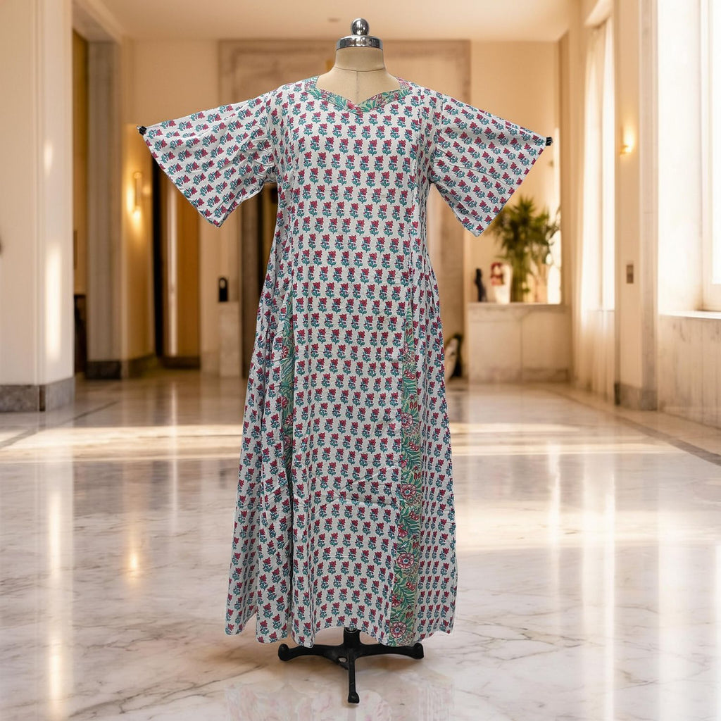 2XL-3XL Ariya Printed Cotton Dress 57" Short Sleeves Jalabiya