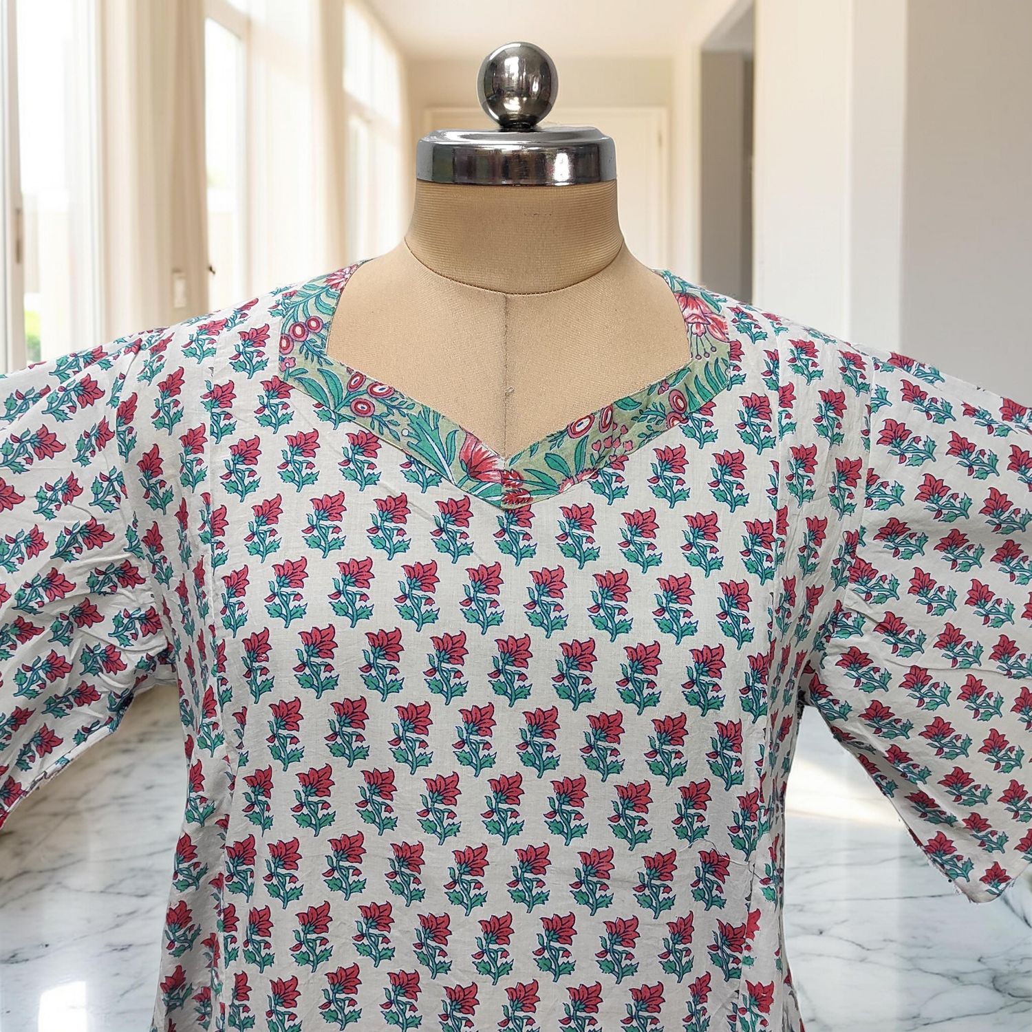 2XL-3XL Ariya Printed Cotton Dress 57" Short Sleeves Jalabiya