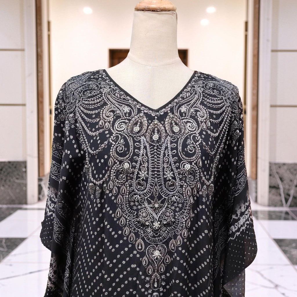 Free Size Digital Dress Kaftan Printed Pure Silk Hand Crystal 59" Long Jalabiya