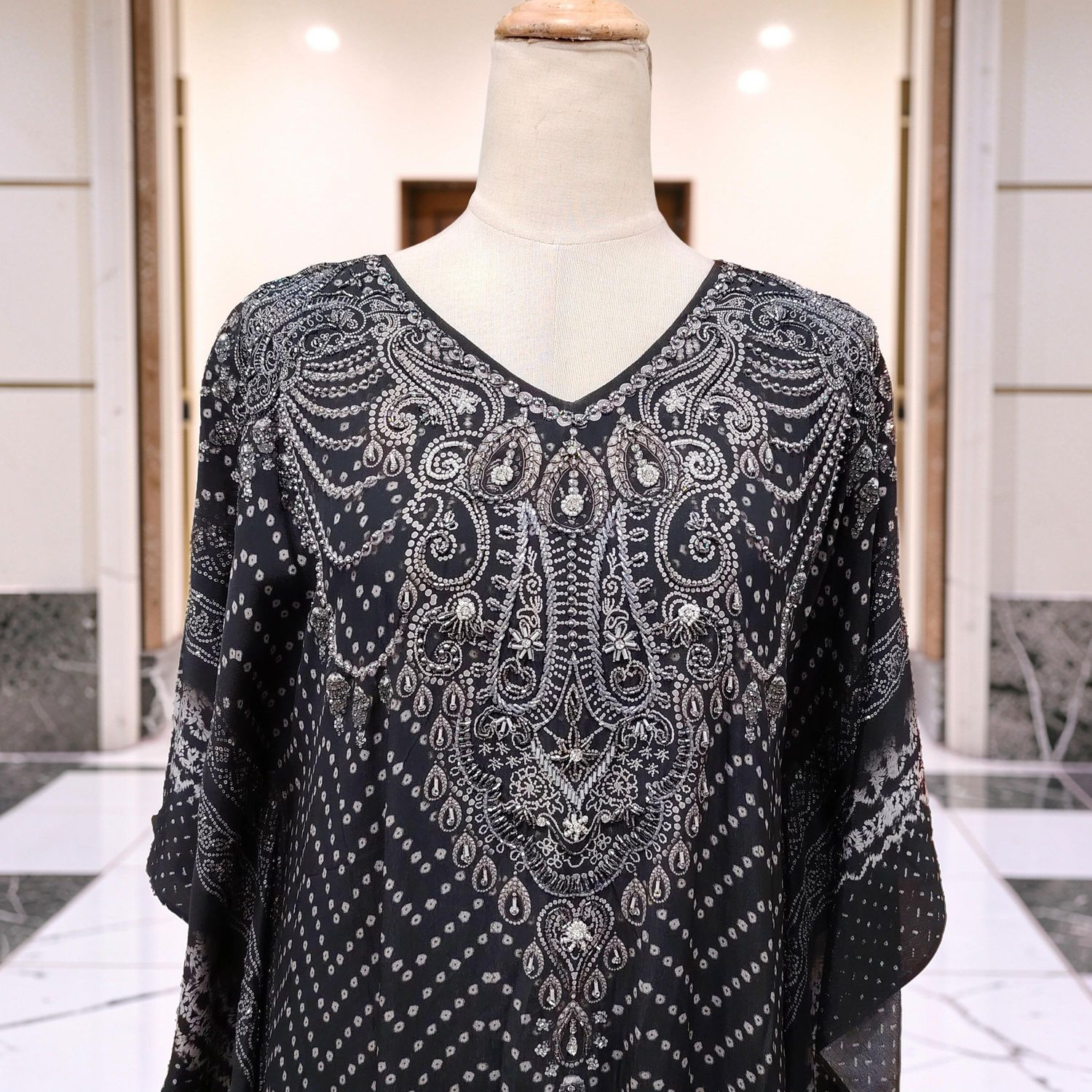 Free Size Digital Dress Kaftan Printed Pure Silk Hand Crystal 59" Long Jalabiya