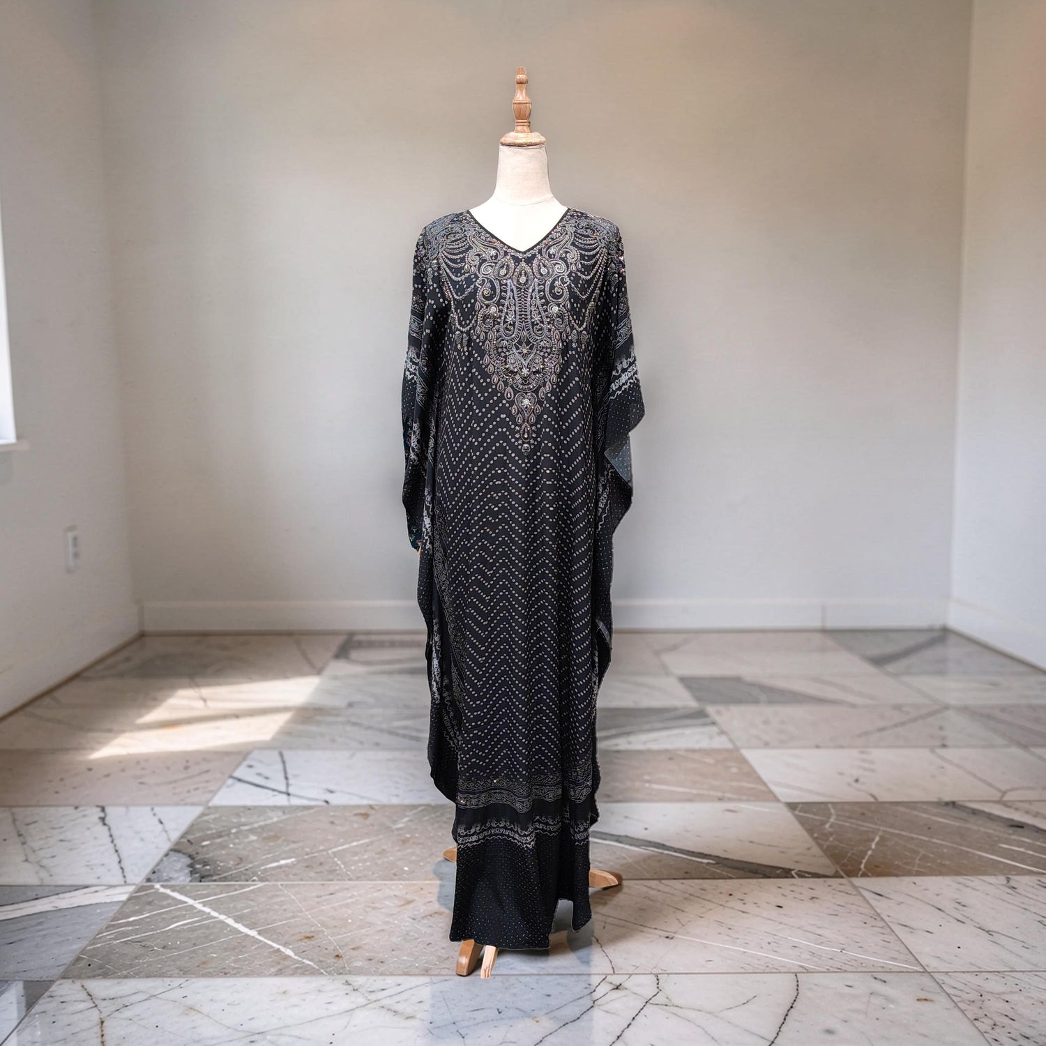 Free Size Digital Dress Kaftan Printed Pure Silk Hand Crystal 59" Long Jalabiya