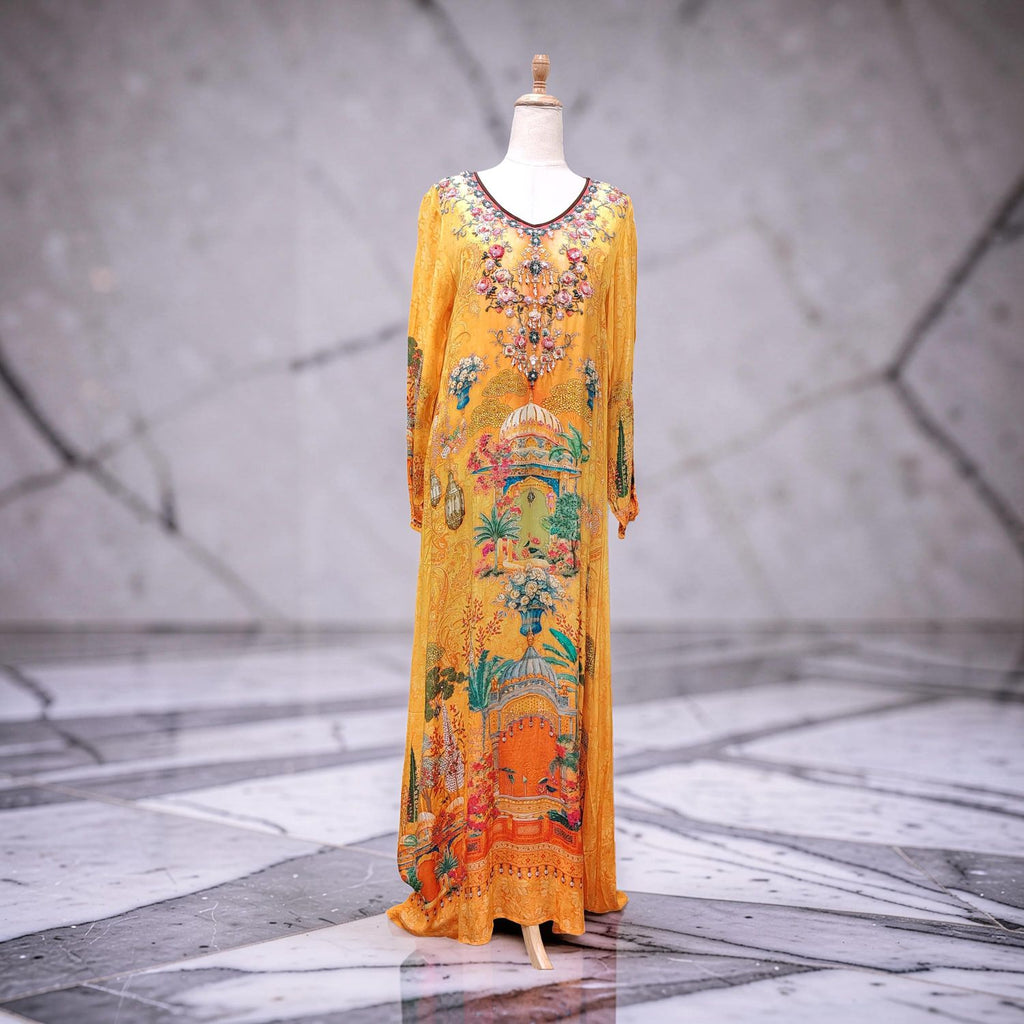 XS-S Digital Dress Kaftan Printed Pure Silk Hand Crystal 59" Long Jalabiya
