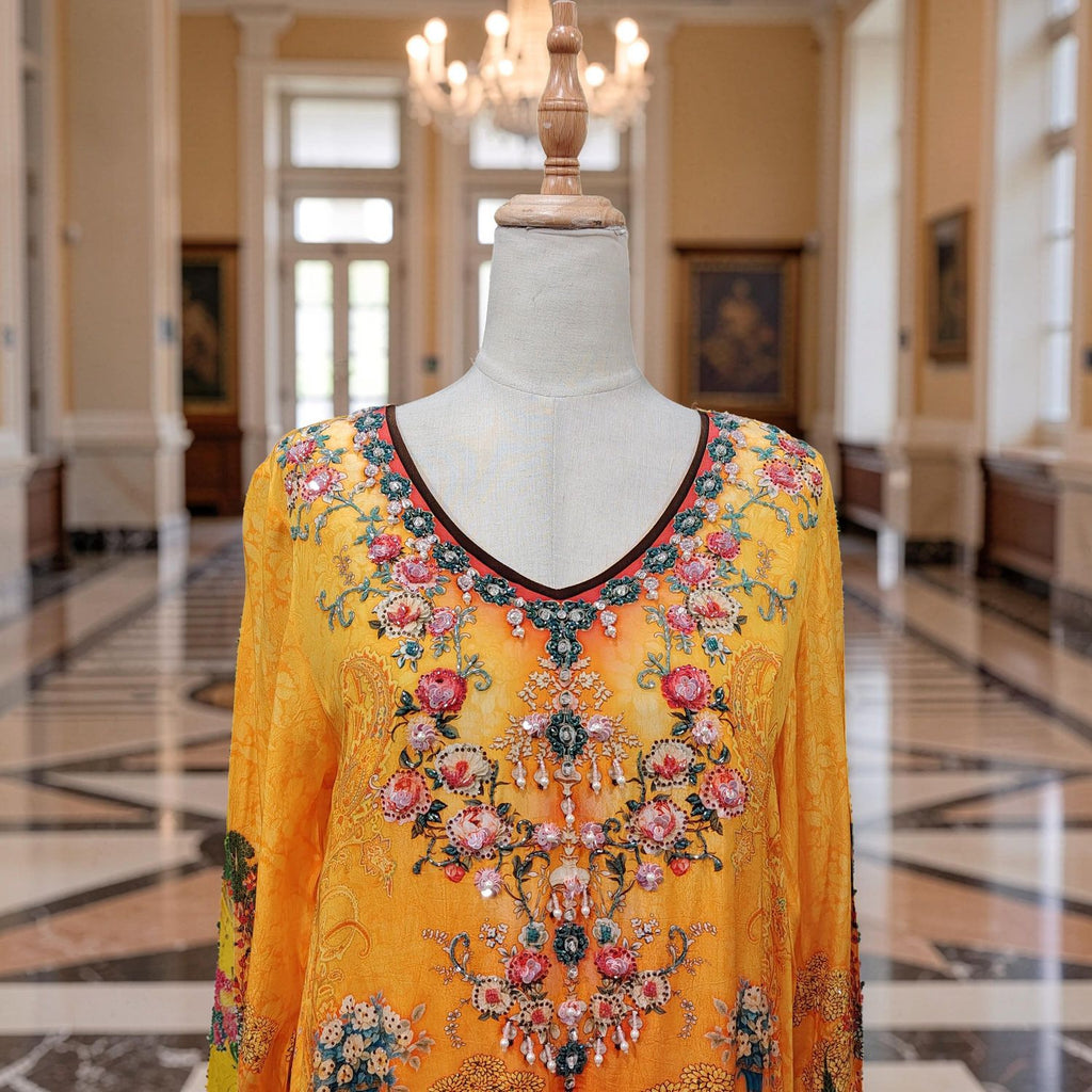 XS-S Digital Dress Kaftan Printed Pure Silk Hand Crystal 59" Long Jalabiya