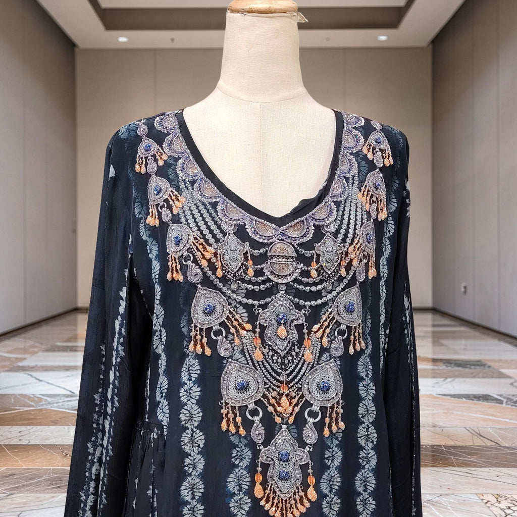 S Digital Dress Printed Poly Silk Hand Crystal 59" Long Jalabiya