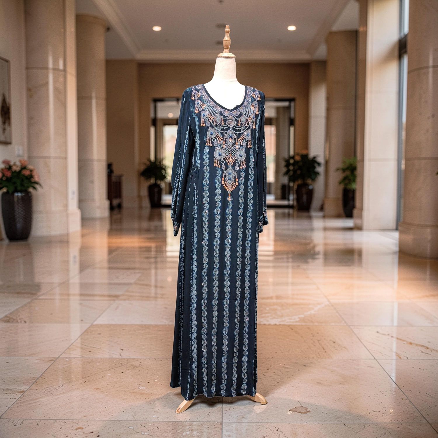 S Digital Dress Printed Poly Silk Hand Crystal 59" Long Jalabiya