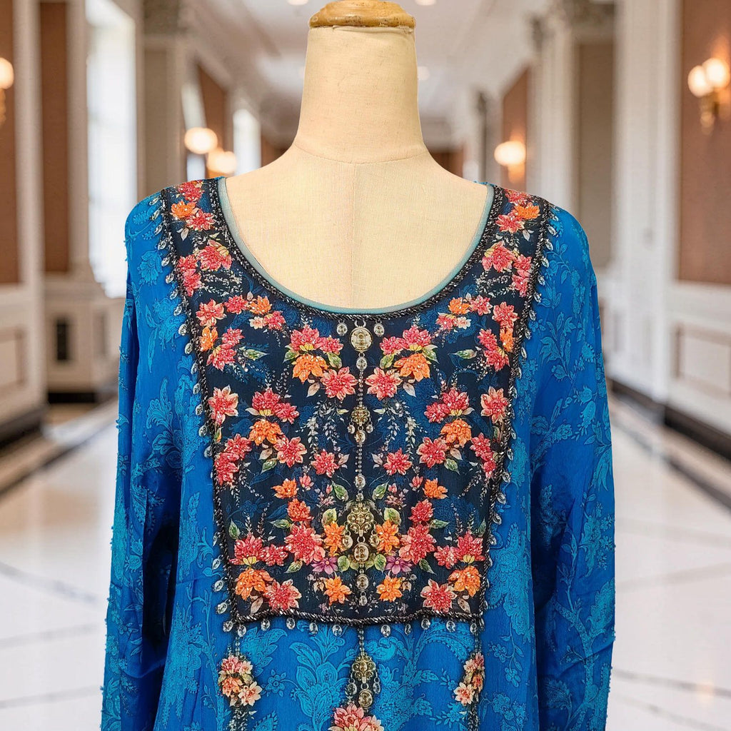S Digital Dress Printed Poly Silk Hand Crystal 58" Long Jalabiya