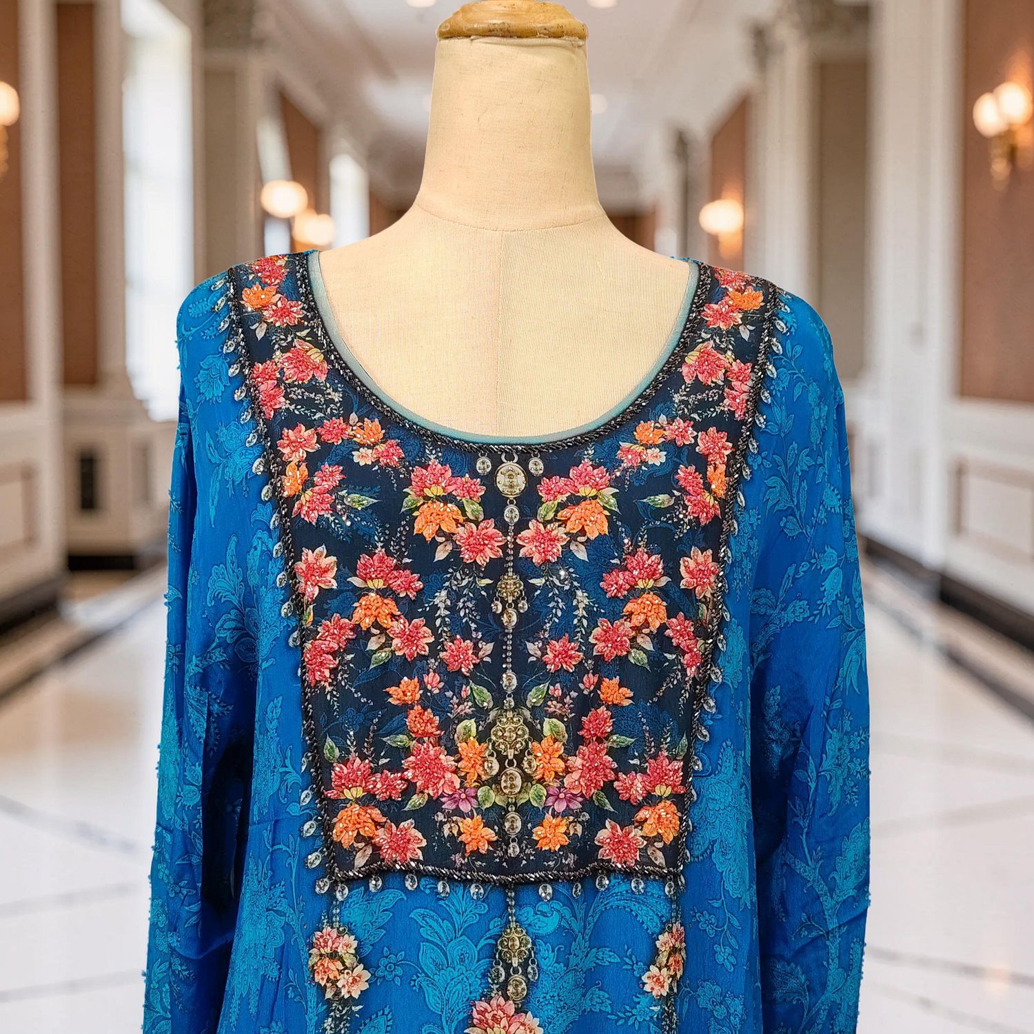 S Digital Dress Printed Poly Silk Hand Crystal 58" Long Jalabiya