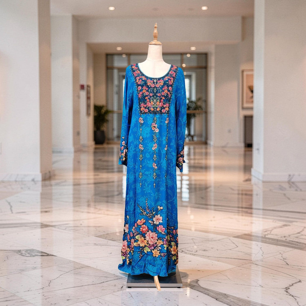 L Digital Dress Printed Poly Silk Hand Crystal 59" Long Jalabiya