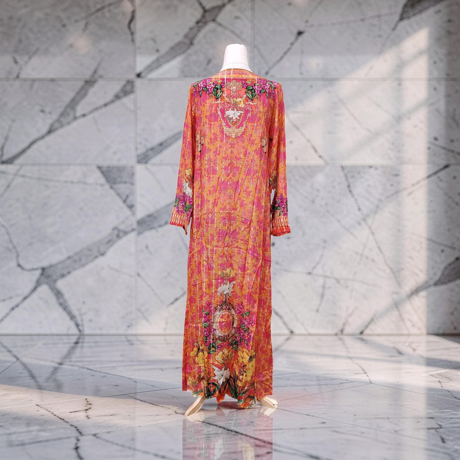 XXL Digital Dress Printed Poly Silk Hand Crystal 59" Long Jalabiya