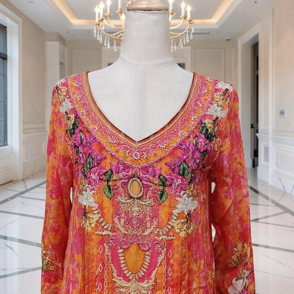 XXL Digital Dress Printed Poly Silk Hand Crystal 59" Long Jalabiya