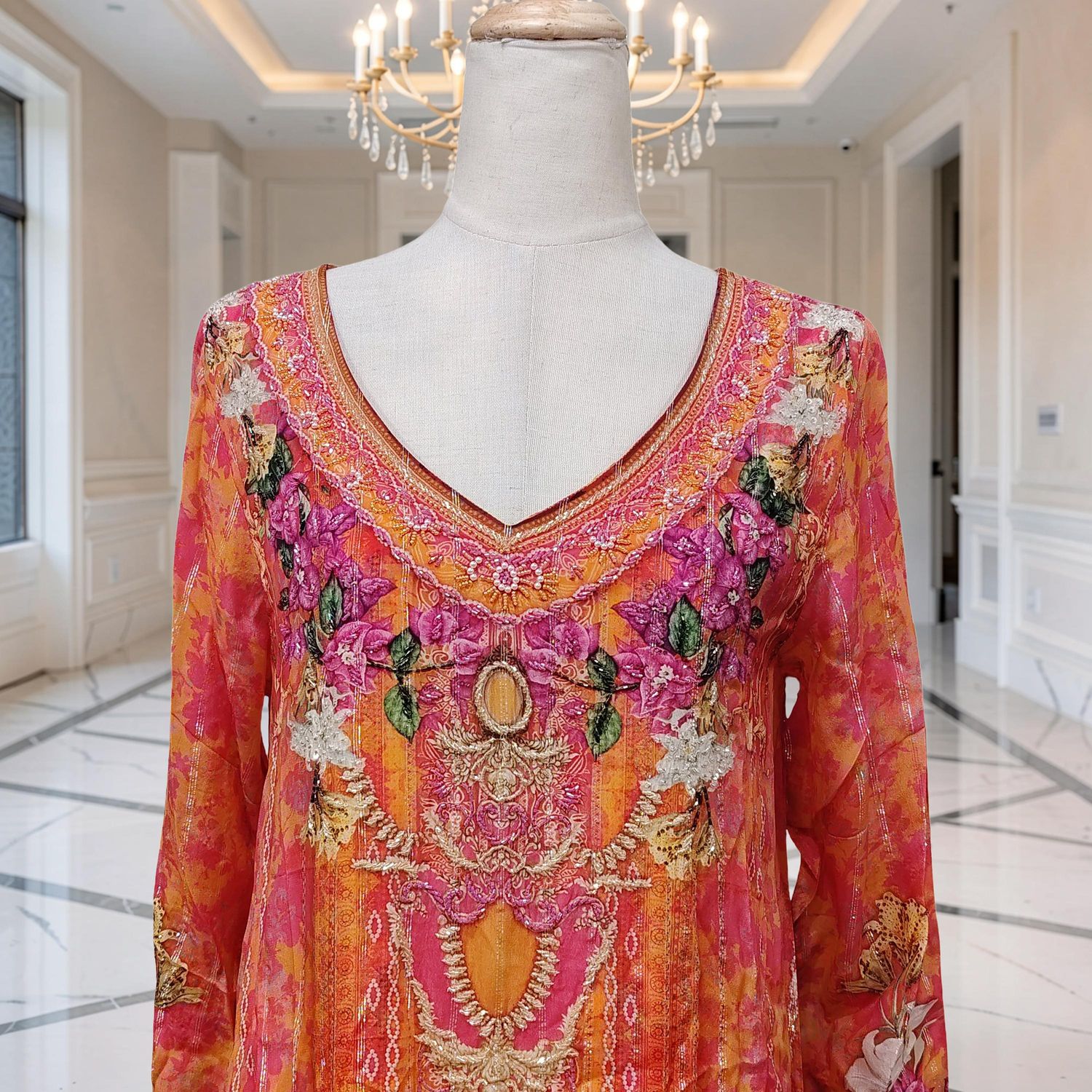 XS-S Digital Dress Printed Poly Silk Hand Crystal 58" Long Jalabiya