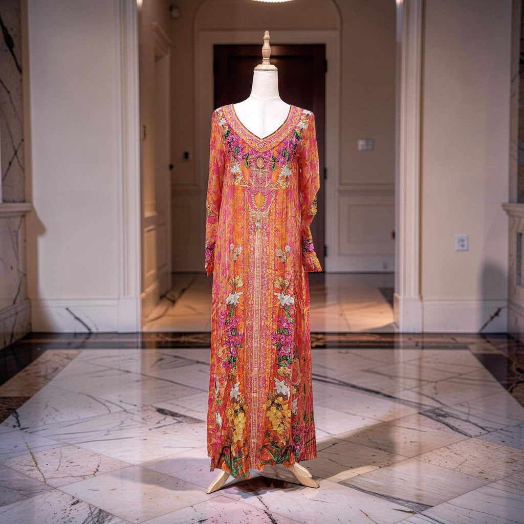 XXL Digital Dress Printed Poly Silk Hand Crystal 59" Long Jalabiya