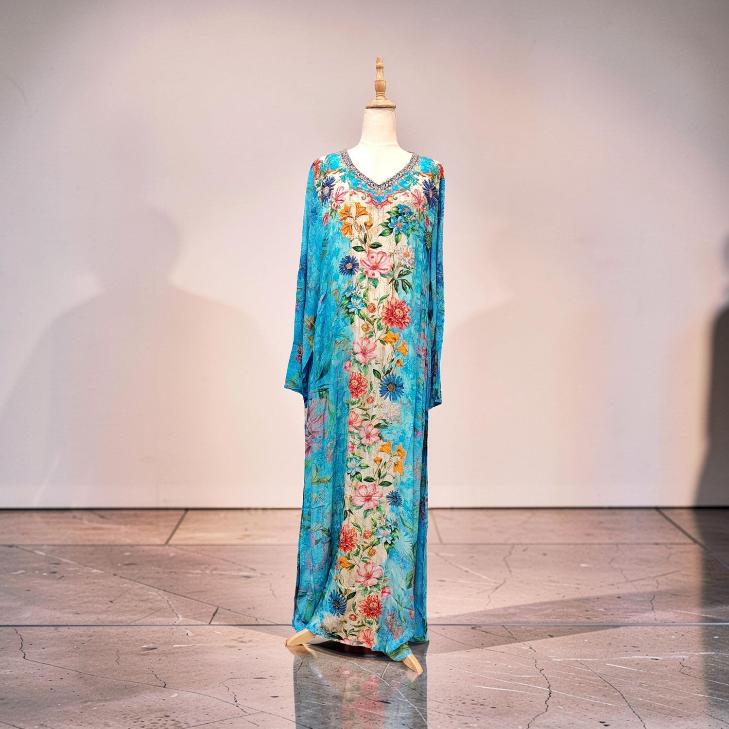 M Digital Dress Printed Poly Silk Hand Crystal 57" Long Jalabiya