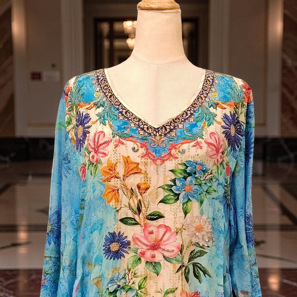 M Digital Dress Printed Poly Silk Hand Crystal 57" Long Jalabiya