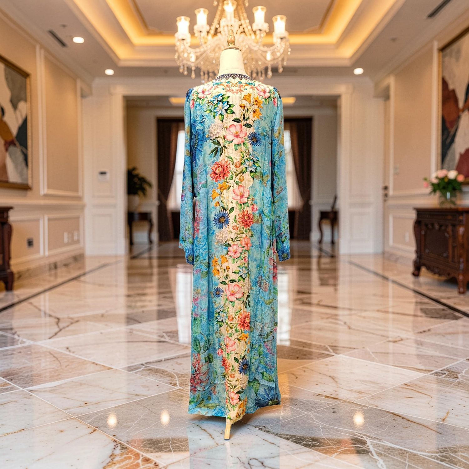 M Digital Dress Printed Poly Silk Hand Crystal 57" Long Jalabiya