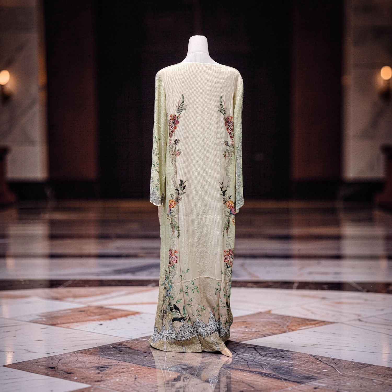 S Digital Dress Printed Poly Silk Hand Crystal 59" Long Jalabiya