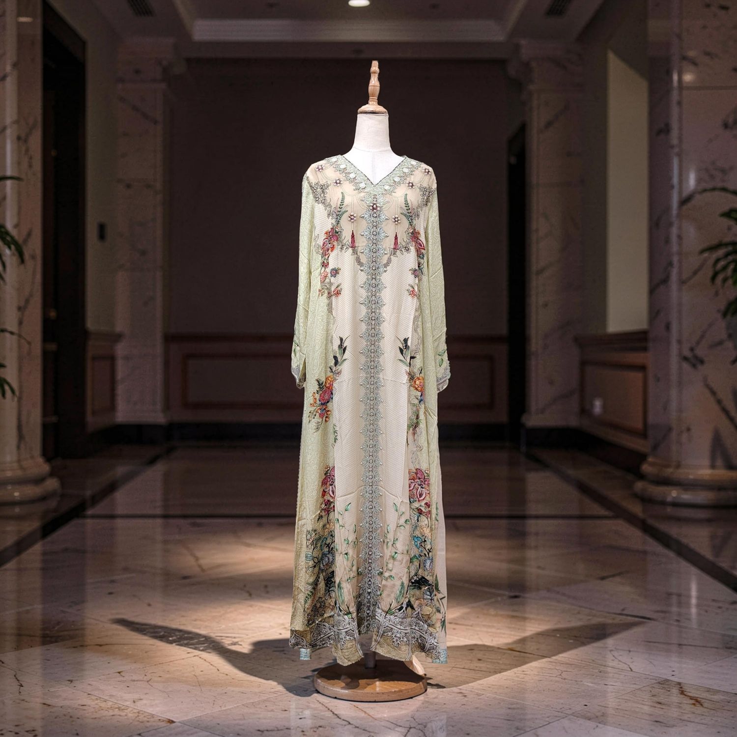 S Digital Dress Printed Poly Silk Hand Crystal 59" Long Jalabiya