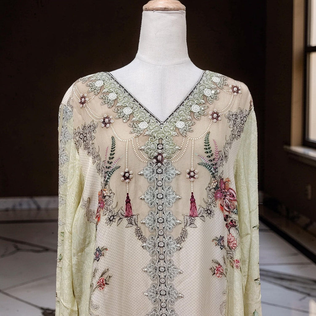 L Digital Dress Printed Poly Silk Hand Crystal 58" Long Jalabiya