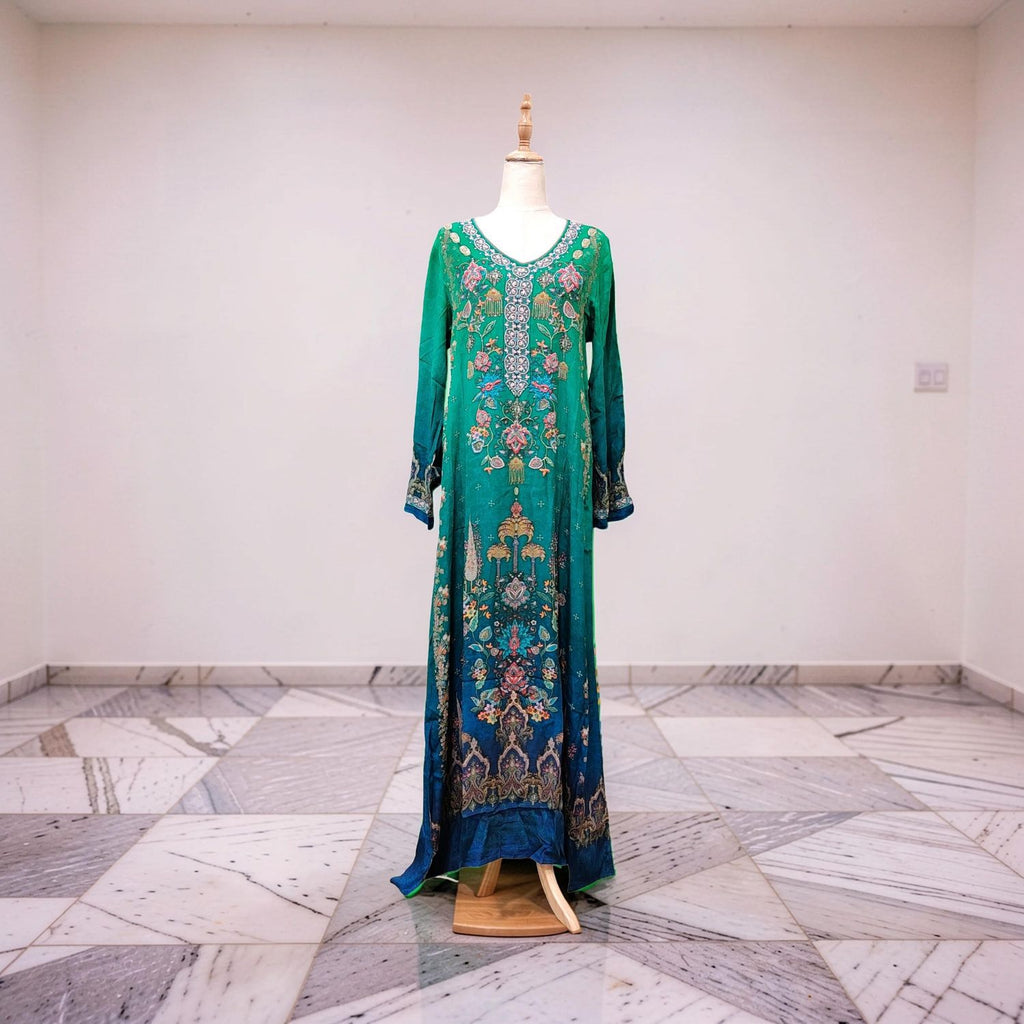 S Digital Dress Printed Poly Silk Hand Crystal 59" Long Jalabiya