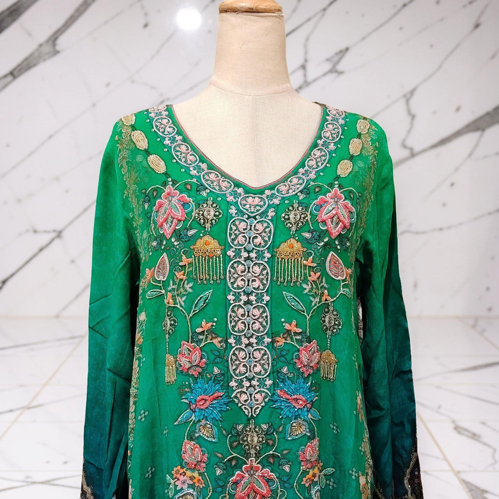 L Digital Dress Printed Poly Silk Hand Crystal 58" Long Jalabiya