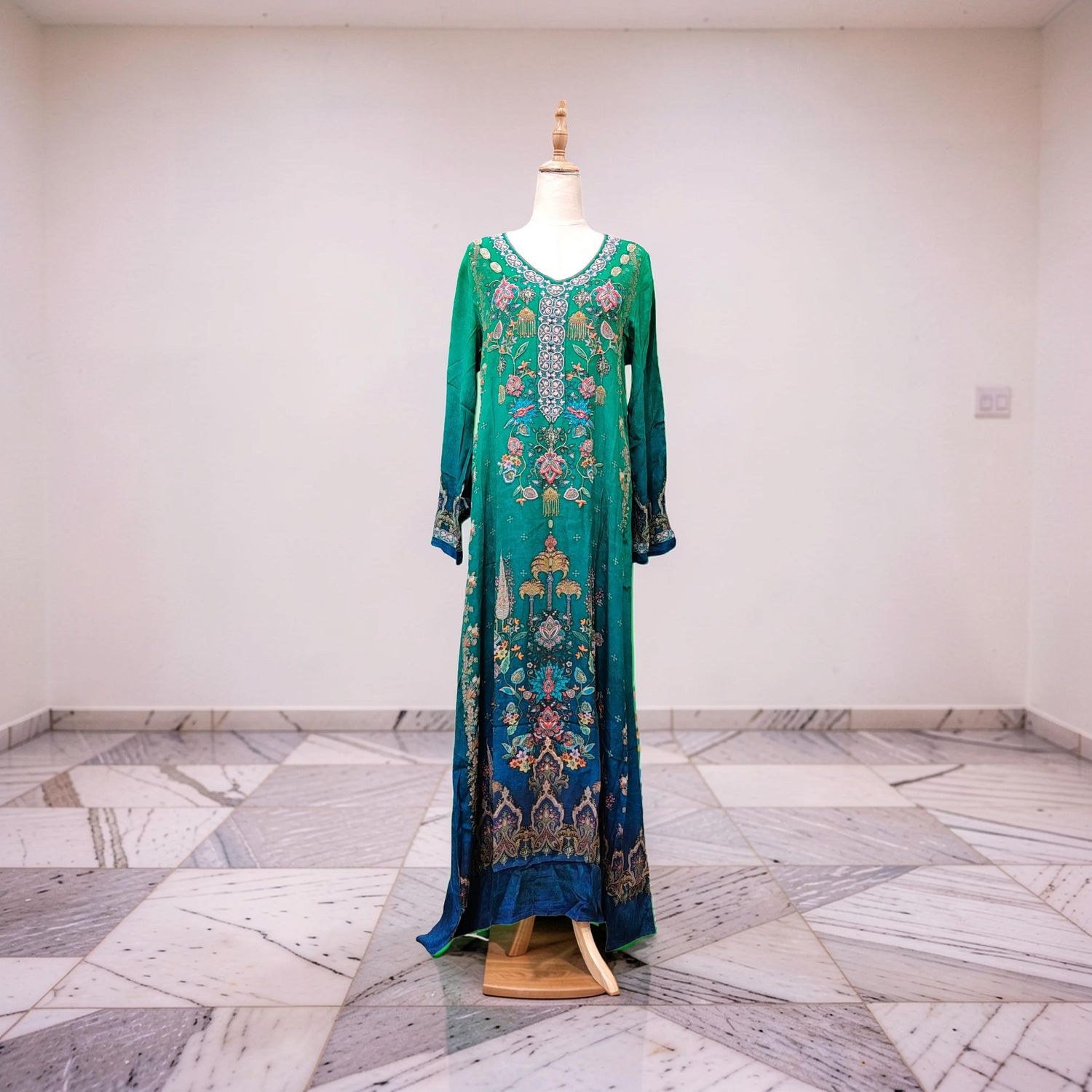 XXL Digital Dress Printed Poly Silk Hand Crystal 63" Long Jalabiya