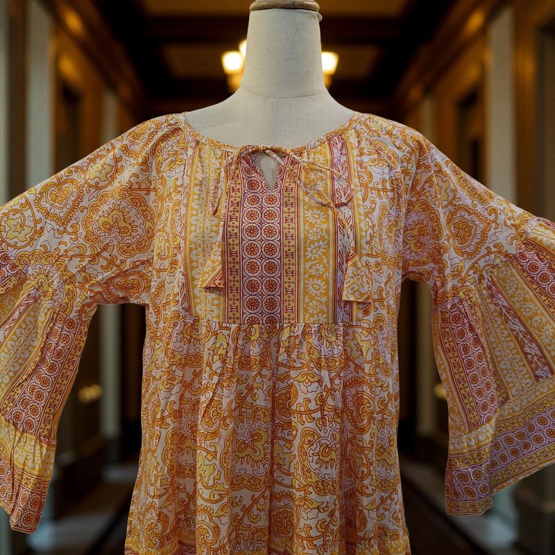 L/XL Yellow Gaby With Sheila Printed Cotton Dress 57" Long Jalabiya