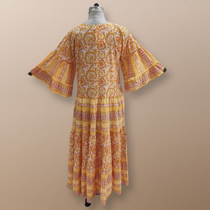 L/XL Gaby Crystal Yellow Printed Cotton Dress 58" Long Jalabiya