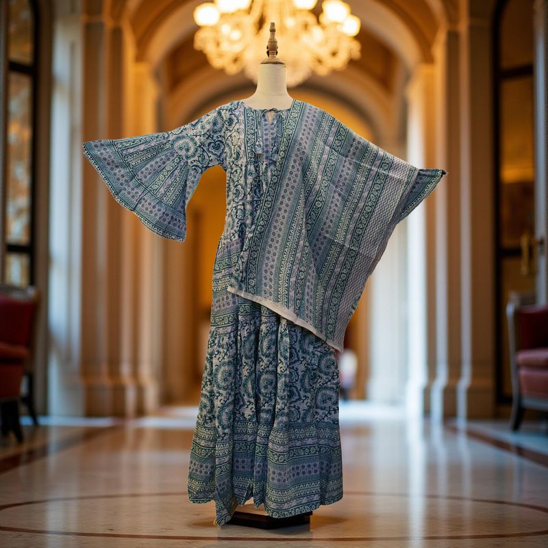 XS/S Gaby Green With Sheila Printed Cotton Dress 57" Long Jalabiya