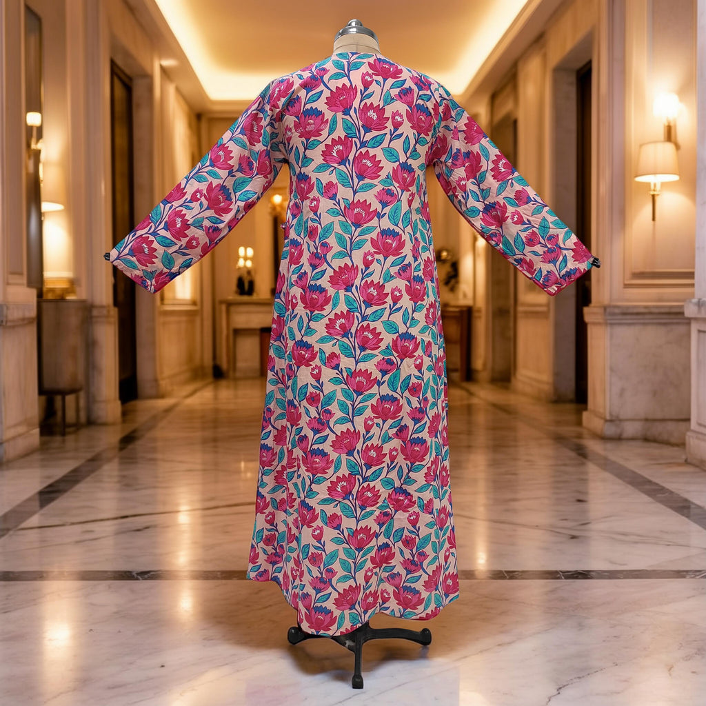 8-9 Year Qifa Printed Cotton Girls Dress 42" Long Jalabiya
