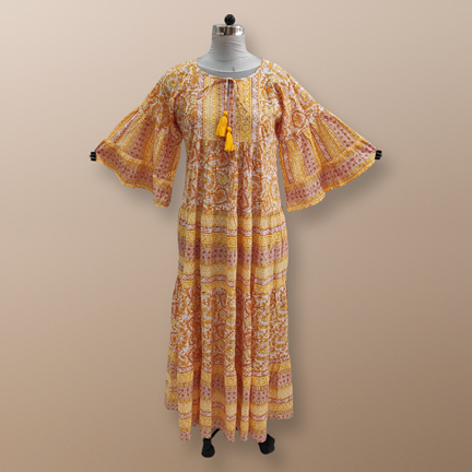 L/XL Yellow Gaby With Sheila Printed Cotton Dress 57" Long Jalabiya
