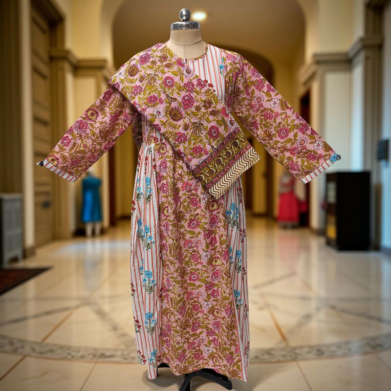 L/XL Heba Printed Cotton Dress 57" Long Jalabiya With Sheila