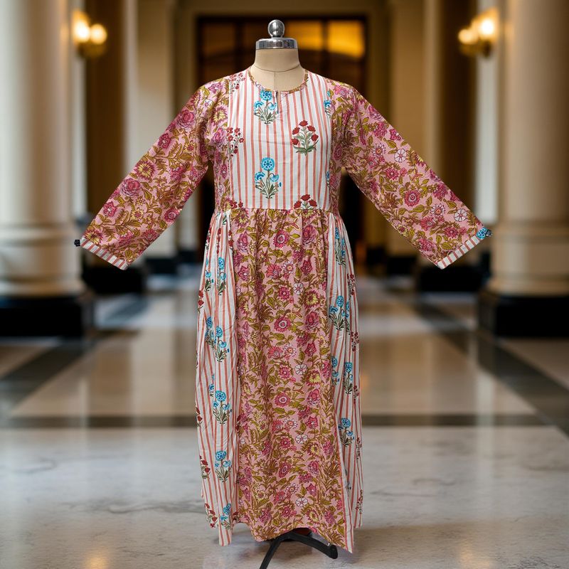 L/XL Heba Printed Cotton Dress 57" Long Jalabiya With Sheila