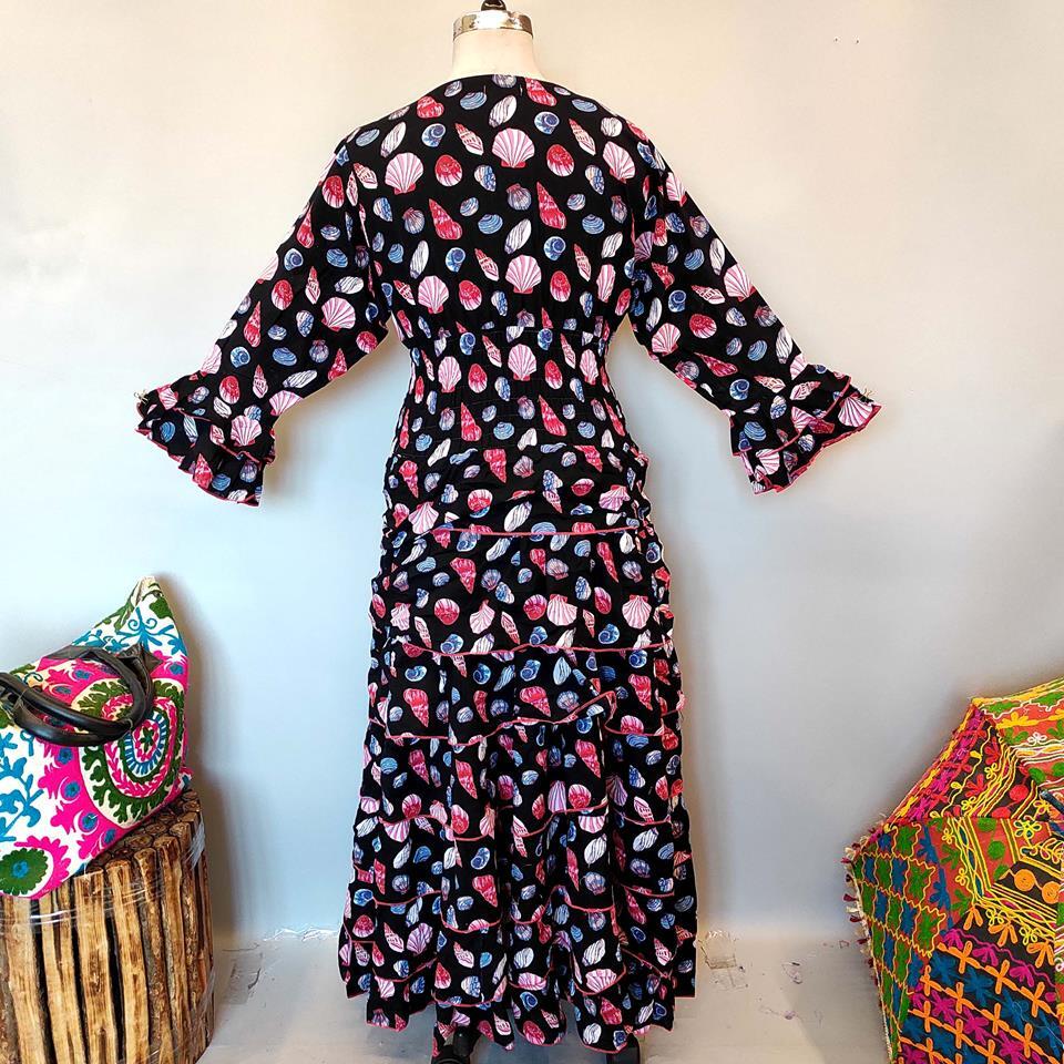 2XL/3XL Jawaria Black Printed Cotton Dress 57" Long Jalabiya