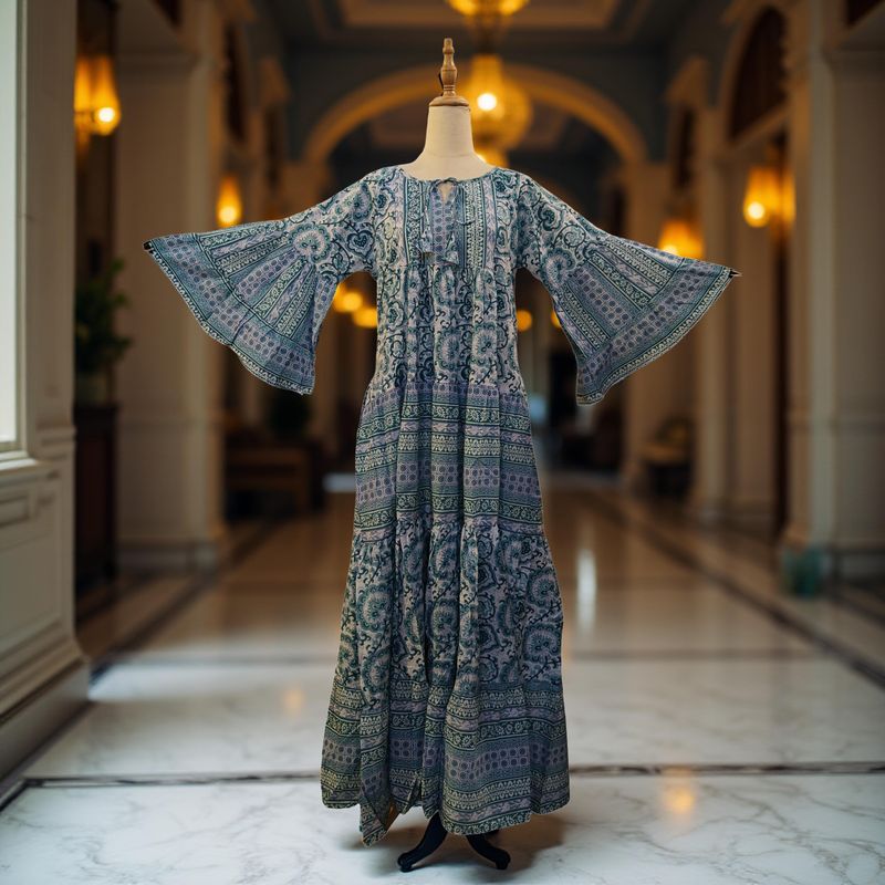 S/M Gaby Green With Sheila Printed Cotton Dress 57" Long Jalabiya