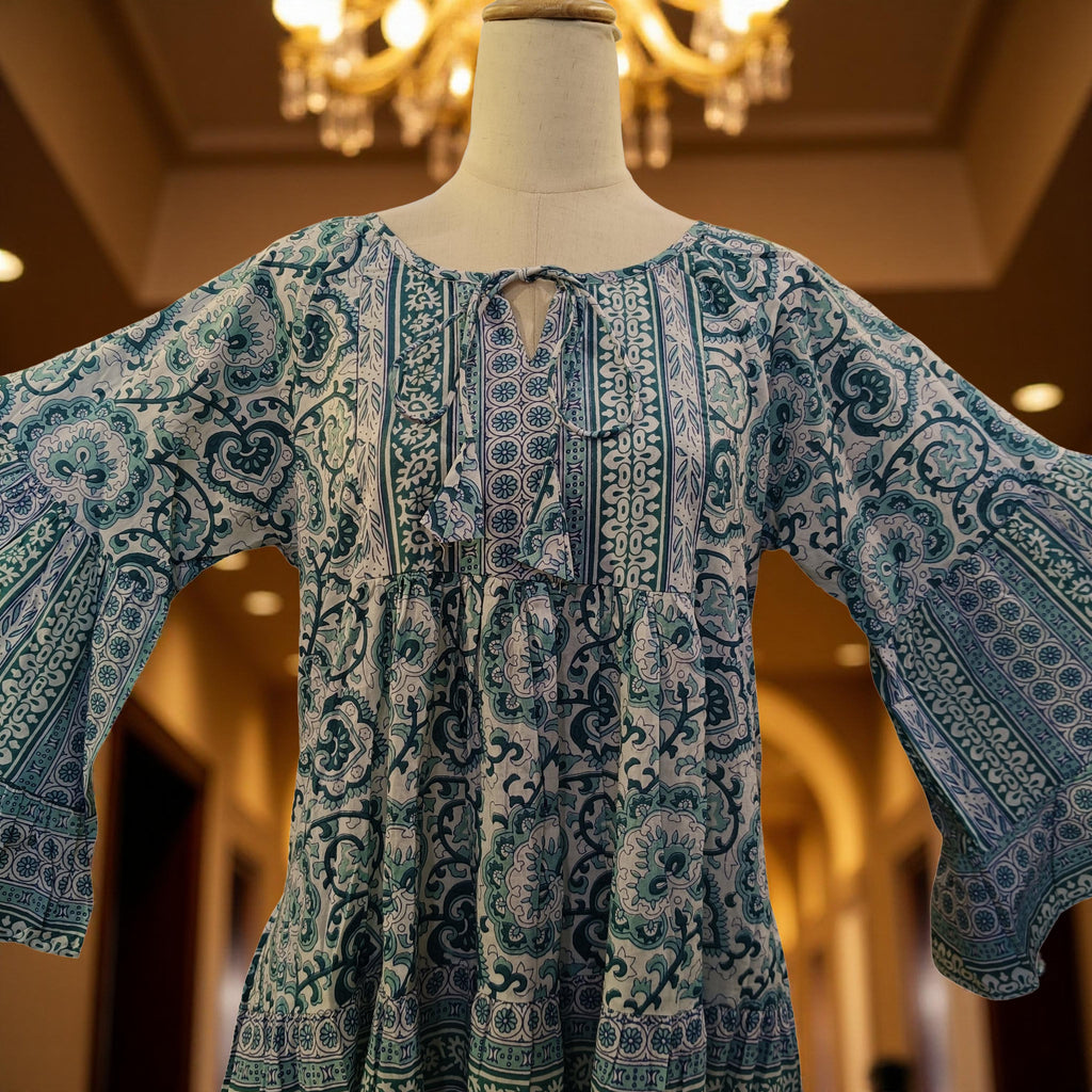 XS/S Gaby Green With Sheila Printed Cotton Dress 57" Long Jalabiya