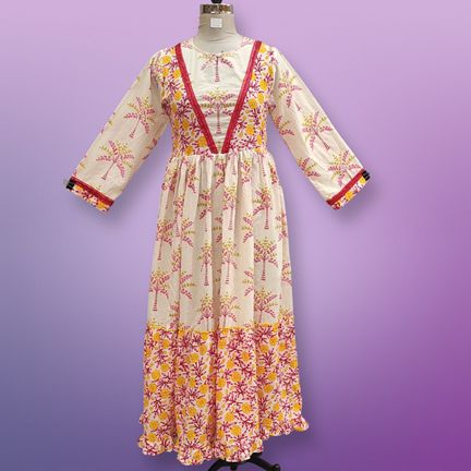 4XL/5XL Zahida red Printed Cotton Dress 57" Long Jalabiya