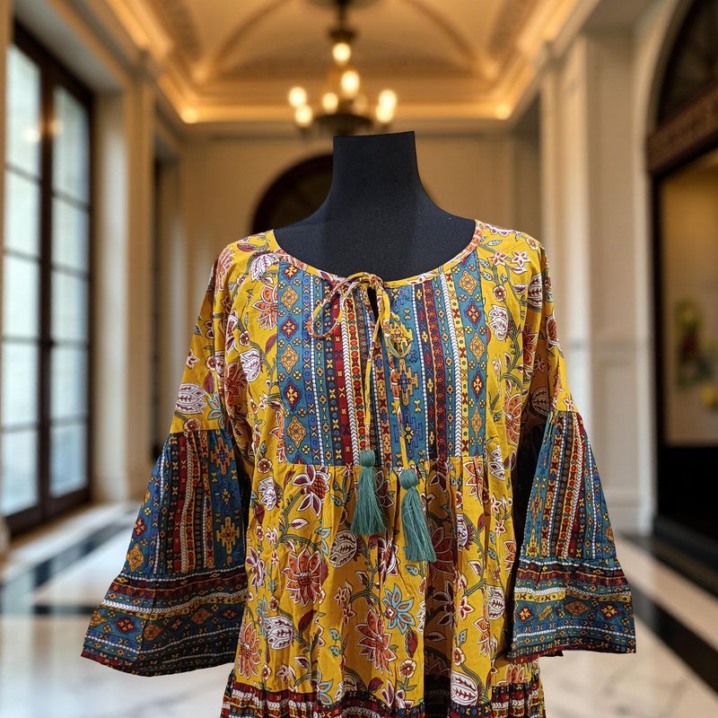 XS/S Gaby Blue Printed Cotton Dress 54" Long Jalabiya