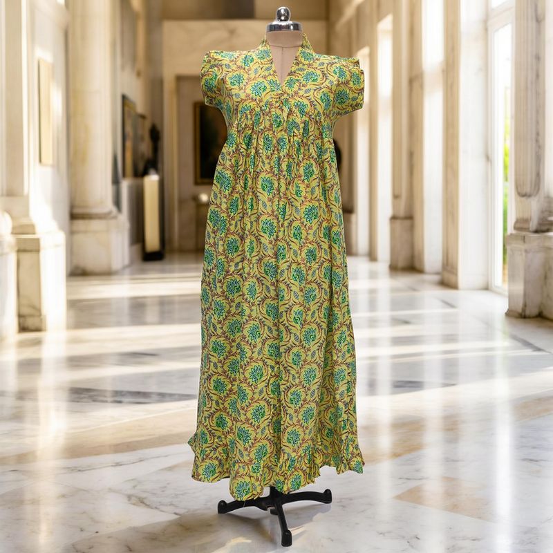 S/M Amani Printed Cotton Dress 57" Short Sleeves Jalabiya