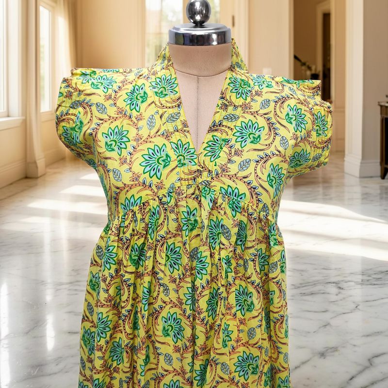 S/M Amani Printed Cotton Dress 57" Short Sleeves Jalabiya