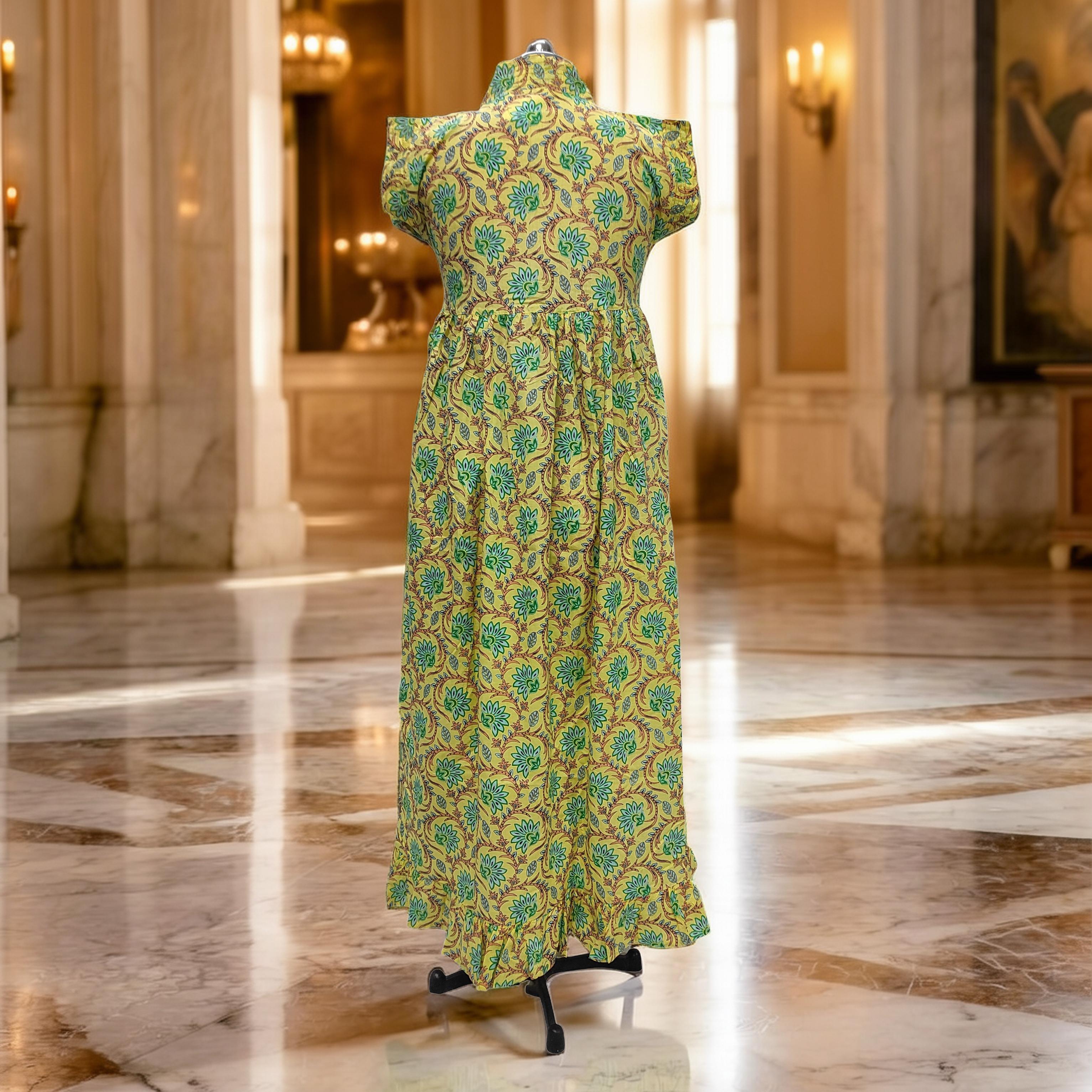 S/M Amani Printed Cotton Dress 57" Short Sleeves Jalabiya