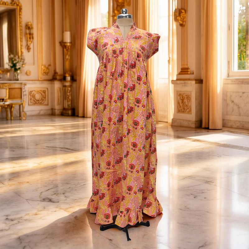 S/M Amani Printed Cotton Dress 57" Short Sleeves Jalabiya