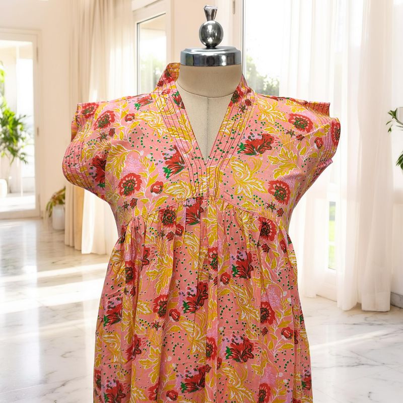 S/M Amani Printed Cotton Dress 57" Short Sleeves Jalabiya