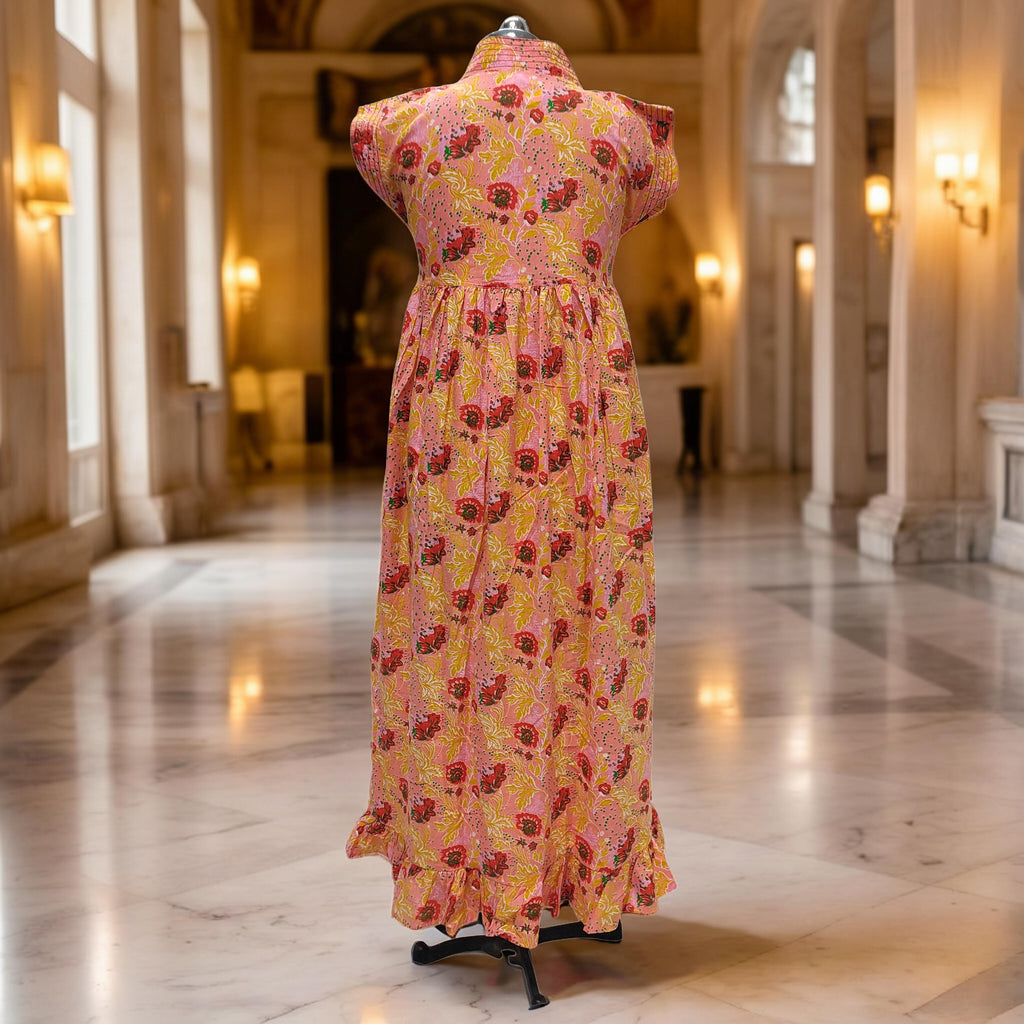S/M Amani Printed Cotton Dress 57" Short Sleeves Jalabiya