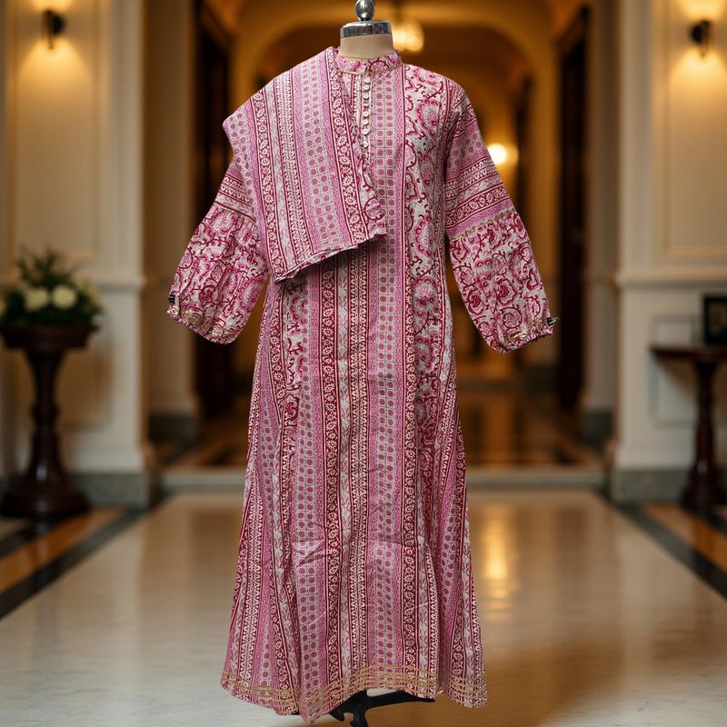L-XL Amra Printed Cotton Dress 57" Long Jalabiya With Sheila