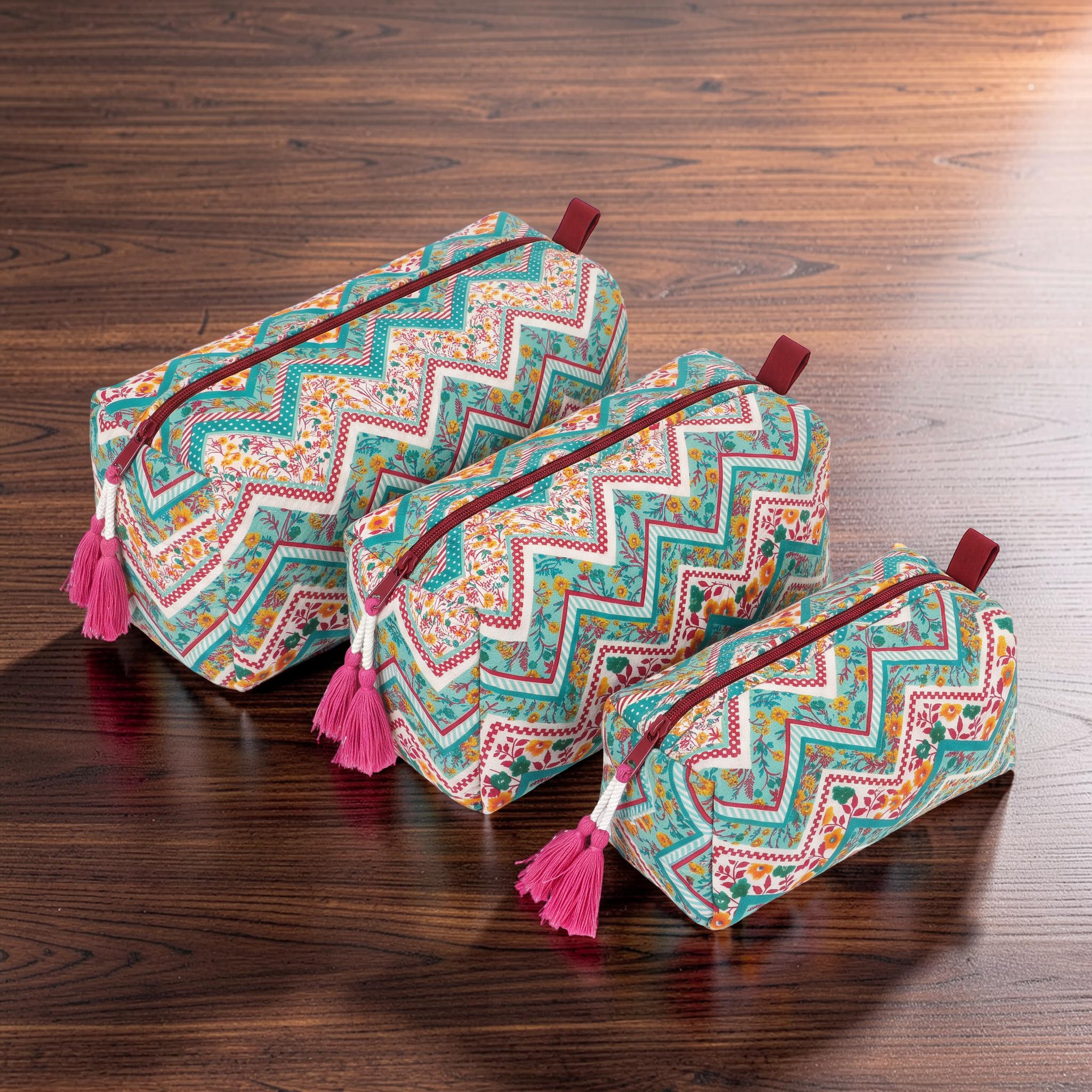 Cotton Printed 3 Pcs Cosmetic Bag Set With Zipper