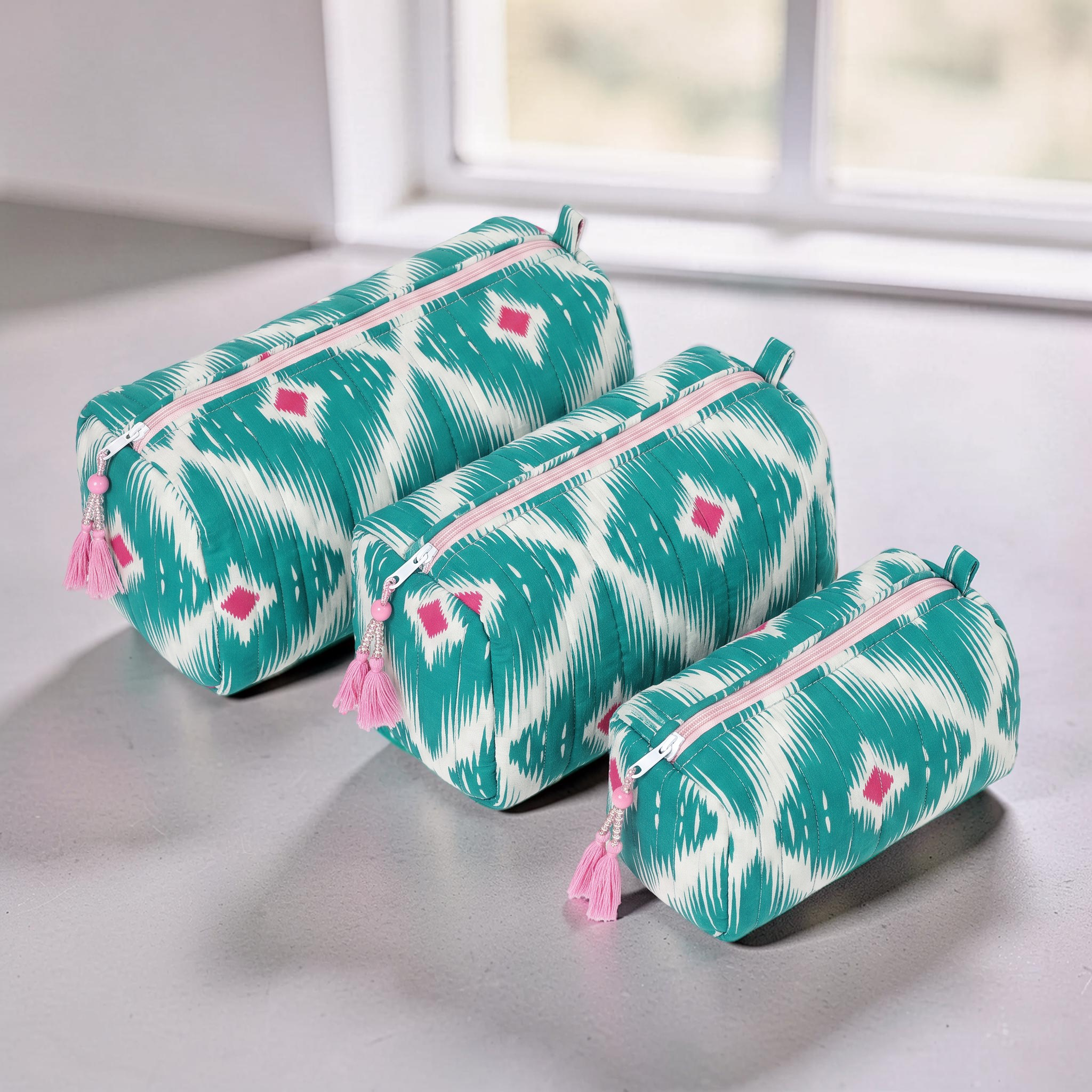 Cotton Printed 3 Pcs Cosmetic Bag Set With Zipper