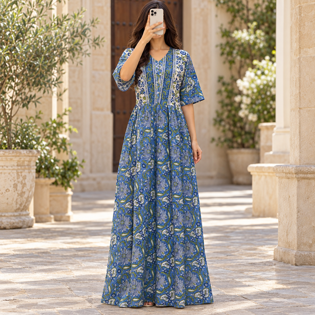 S/M Rahaf Crystal Printed Cotton Long Dress Jalabiya – 57