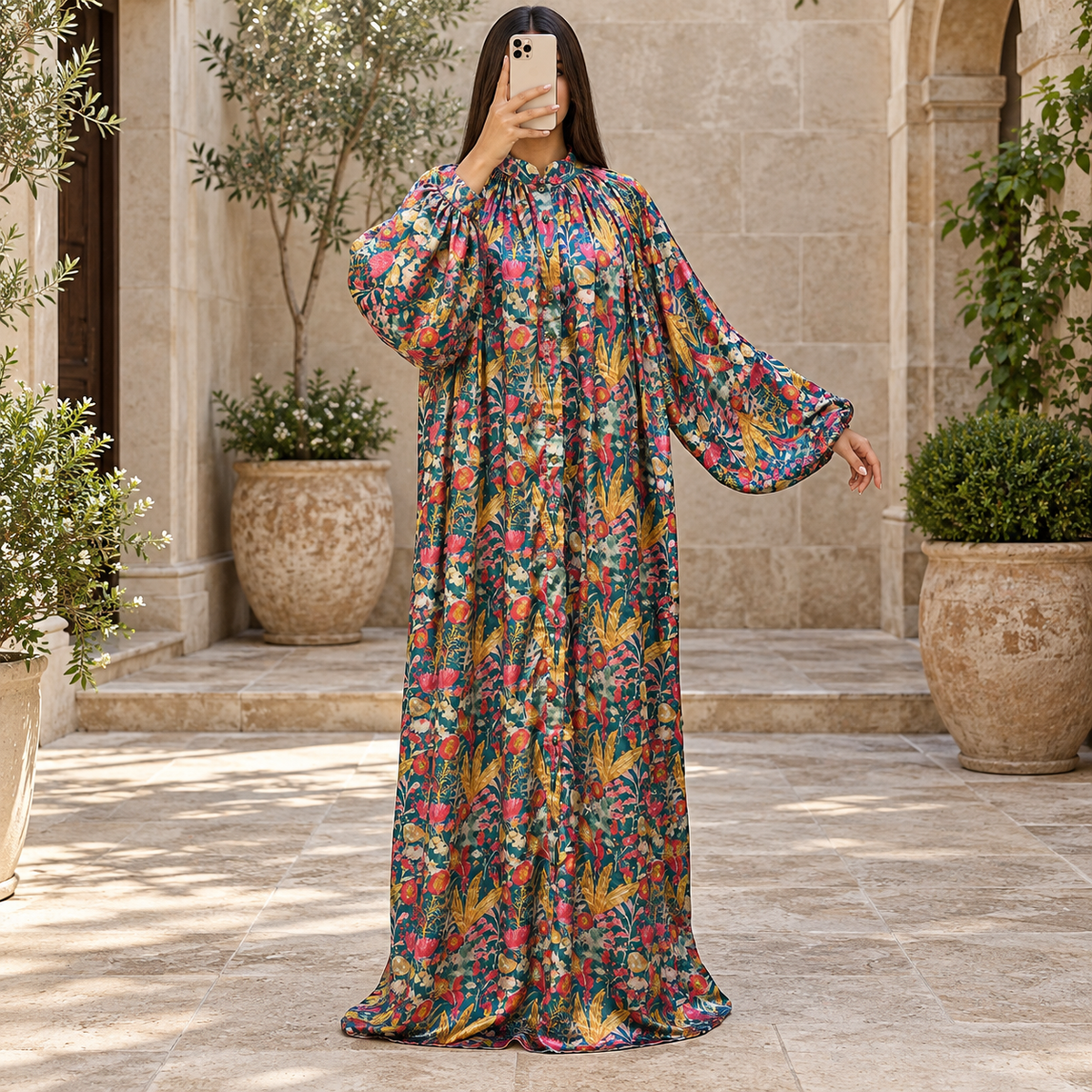 O/S Hiral Silk Crystal Printed Dress 57" Long Jalabiya