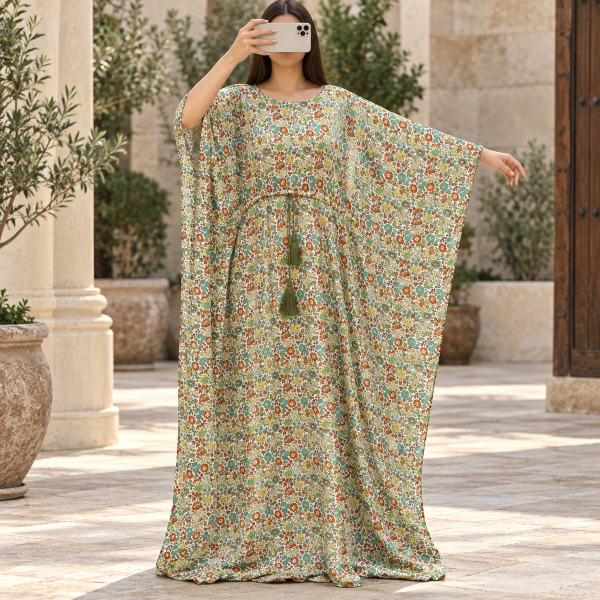 Free Size Crystal Farasha Printed Silk Long Dress Jalabiya – 57"