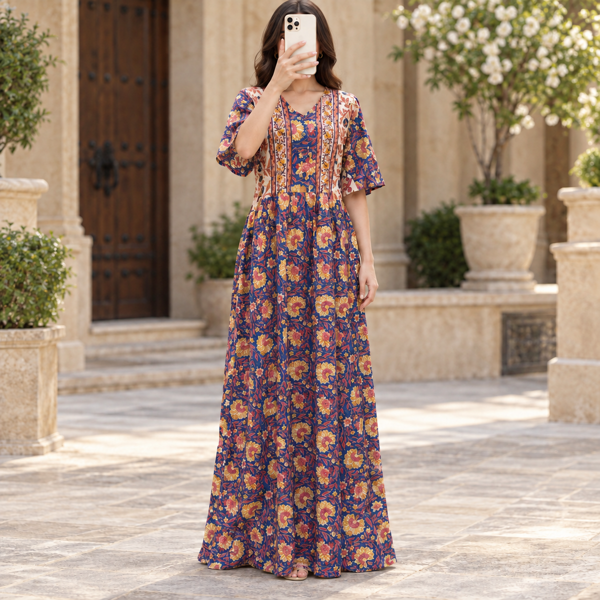 S/M Rahaf Crystal Printed Cotton Long Dress Jalabiya – 57